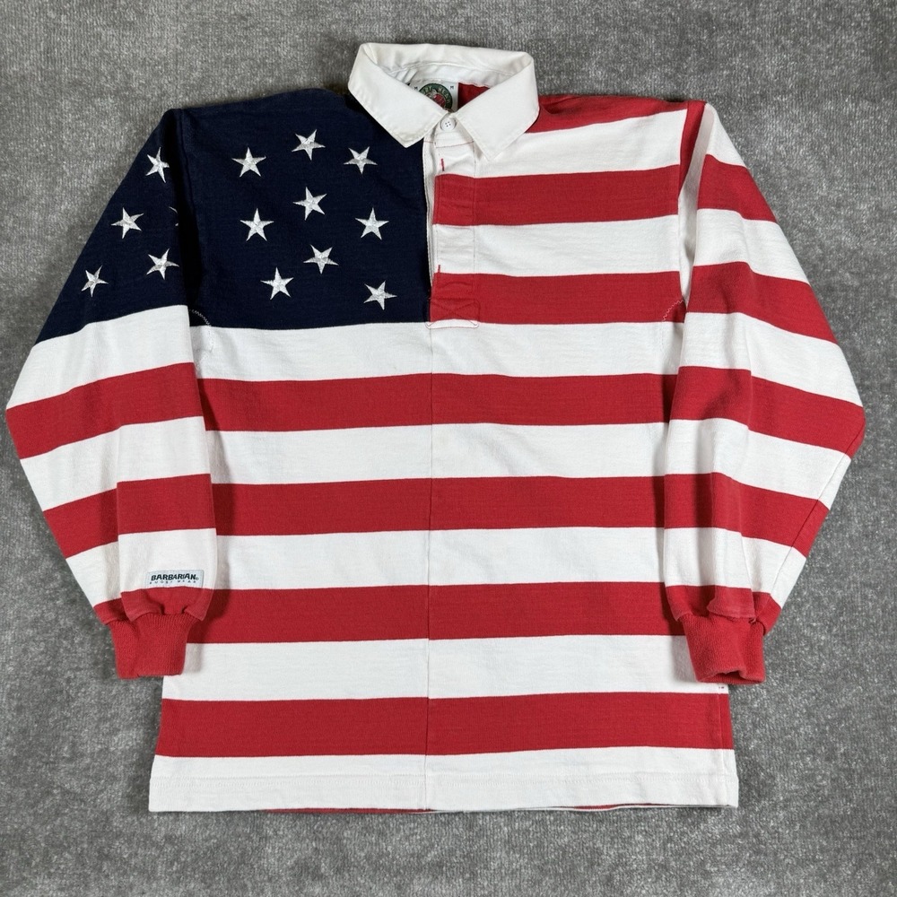 Barbarian Rugby Wear Shirt Men's Medium American Flag Long Sleeve Polo